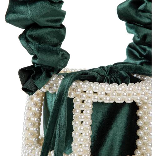 YUSHINY Women Faux Pearl Beaded Evening Pleuche Handle Bucket Hollow-Block Bags with Velvet Lining for Wedding Party