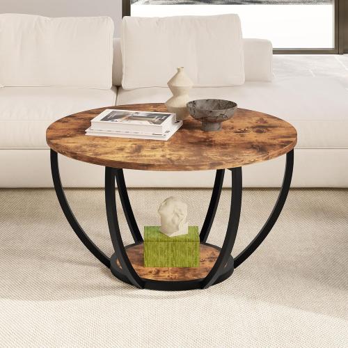 HOMERECOMMEND 28 Round Coffee Table with Storage,2-Tier Wood Accent Center Table for Living Room,Sofa Table for Home Office, Brown