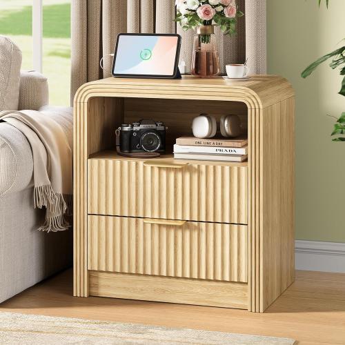 Size 19.7 Color brown Fluted Nightstand with Charging Station, 19.7'' Wide Morden End Table with USB/Type-C Ports, 2 Drawers & Open Shelf, Curved Profile Design, Wood Bedside Table for Bedroom (Natural Oak)