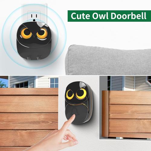Wireless Doorbell, Cute Owl Doorbell Weatherproof IP55 Outdoor Remote Push Button- 1000 Feet Long Wireless Range, 1 Receiver   1 Transmitter, Black