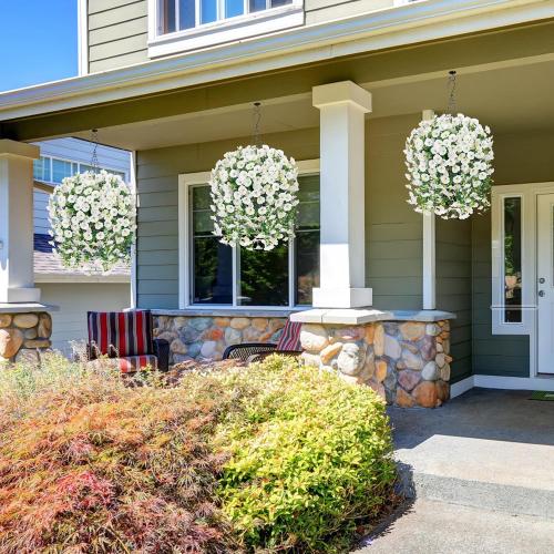 Artificial Faux Hanging Flowers Plants for Outdoor Decor,2 PCS Fake Silk Morning Glory with Eucalyptus UV Resistant Realistic Trailing Vines for Wall Home Porch Patio Balcony Yard Indoor Decor,White