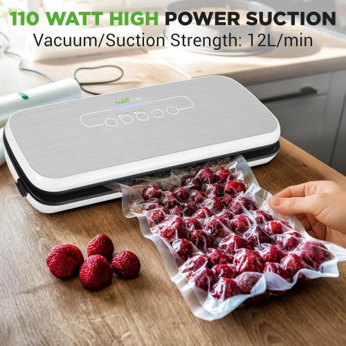 NutriChef Food Vacuum Sealer Machine - Automatic Air Sealing System for Dry & Moist Foods, LED Touch Controls, Includes Vacuum Bags, Hose & Wine Stopper, High Suction Power, 14x6x3, Silver