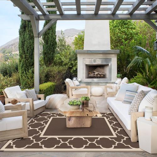 GENIMO 9' x 12' Outdoor Rug Waterproof for Patio Decor, Foldable Reversible Plastic Straw Area Rugs Mat for Camper, Outside Carpet for Rv, Deck, Porch, Picnic, Beach, Balcony, Coffee & Beige