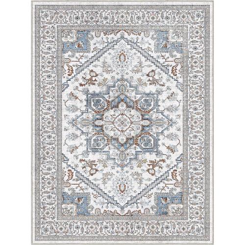 Cream Blue and Light Brown 9x12 OPPODREAM Soft Neutral Area Rugs 9x12 Living Room, Washable Rugs 9x12 with Non Slip Backing, Faux Cashmere Low-Pile 9 x 12 Carpet, Cream White & Blue & Light Brown