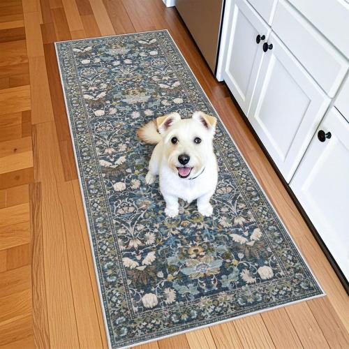 Washable Vintage 2x6 Bathroom Rugs: Soft Carpet with Non-Slip Backing for Hallway Entryway Kitchen Stain-Resistant Bedroom Floor Mat – Gifts for Newlyweds/Household Home Decor (2x6,Floral/Blue)