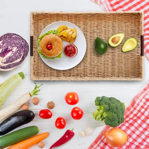 Size 20x12 Color Brown Handwoven Multipurpose Rectangle Rattan Tray, 20” x 12” – Durable Wicker Tray with Leather Handles for Home Decor Display