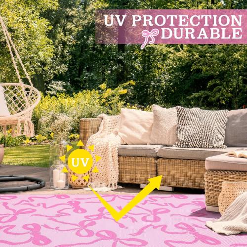 Nuanchu Outdoor Rug Plastic Straw Rugs 5x8 ft Pink Bow Camping Patio Rug Coquette Carpet Mat Indoor Outdoor Rv Mat for Valentines Outside Beach Pool Patio Backyard Deck
