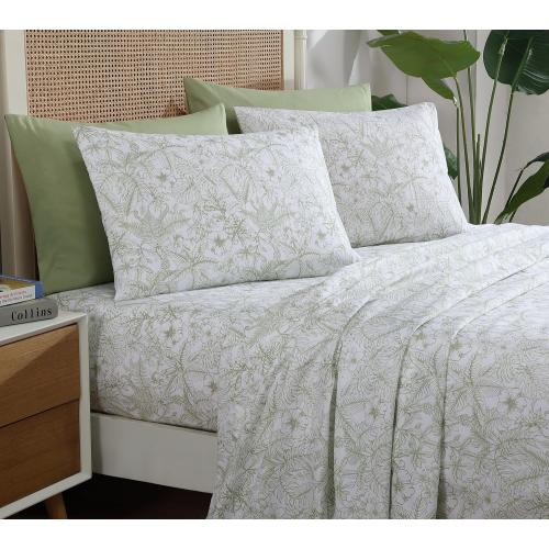 Caribbean Joe 6-Piece Sheet Set with Cooling Pillowcases, 12-inch Deep Pockets, Tropical Beach Coastal Design, KING Tropical Toile Green
