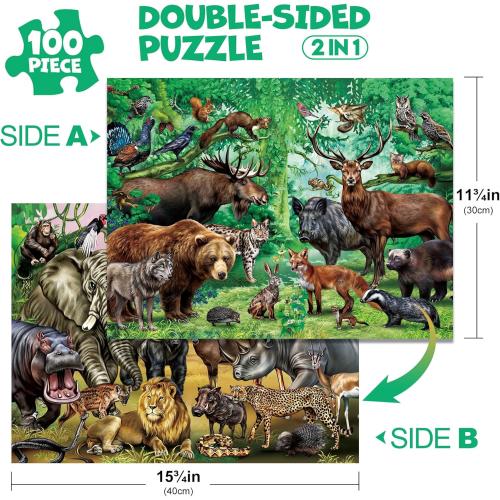 100 Pc BenBen Puzzles for Kids Ages 4-6, Double Sided 100 Piece Puzzles for Kids, 2 in 1 Puzzle, Wild Animals, Learning Educational Jigsaw Puzzles Toys for Boys Girls (15.75” x 11.75”)