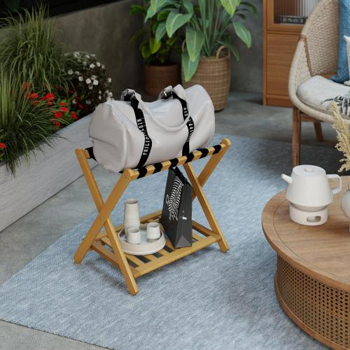 Luggage Rack, Foldable Suitcase Stand with Storage Shelf and 5 Heavy-Duty Straps, Bamboo Luggage Holders for Guest Room, Bedroom and Hotel - Natural