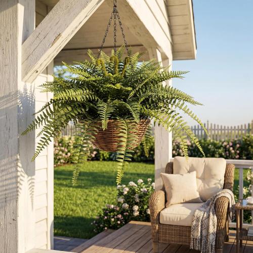 Artificial Boston Ferns Hanging Plants 2 Pack Fake Hanging Plants for Outdoors, UV Resistant Outdoor Hanging Faux Ferns Plants for Front Porch Indoor Décor