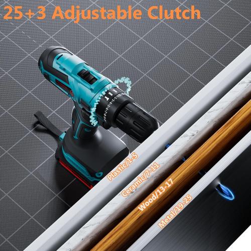 Cordless Drill with 2 Batteries and Charger, 21V Electric Drill Cordless, Portable Power drill Set, 3/8 Keyless Chuck, 2 Variable Speed, 25  3 Clutch, 398 In-lb Max Torque