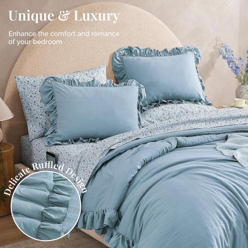BLOOMHAVEN Oversized Queen Comforter Set - 7 Pieces Ruffle Blue Bedding Sets, Shabby Chic Farmhouse Bed in a Bag with Ruffle Comforter, Floral Sheets, Pillowcases & Shams
