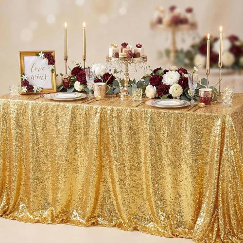 Glitter Gold Tablecloth for Parties 90x156 Inch Rectangle Sequin Fabric | Table Cloth for Wedding Birthday Banquet, Seamless ONE-PIECES, Sparkly 3MM sequin, Serged Edges No Falling, for 6-10FT Table