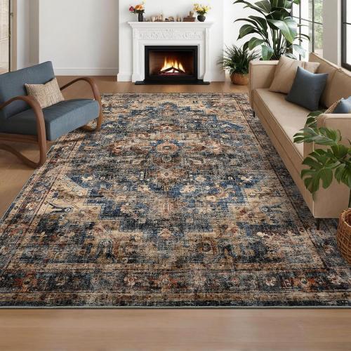 GarveeHome 10x13 Washable Vintage Living Room Area Rug: Vintage Machine Washable Area Rug for Living Room Indoor Large Non-Slip Bedroom Carpet Low Pile Stain Resistant Dining Room Carpet Blue&Brown
