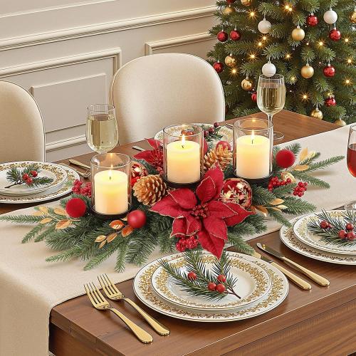 Alupssuc 28 Christmas Centerpiece with 3 Candle Holders Trays,Dining Table Decoration with Baubles, Pine Cones, Red Berries, Spruce Branches, Flower for Indoor Home Party Table Holiday Decor, 2 Pcs