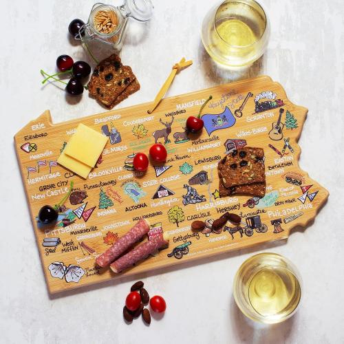 Totally Bamboo Pennsylvania State Shaped Cutting Board and Charcuterie Serving Platter with Artwork by Fish Kiss, Includes Hang Tie for Wall Display