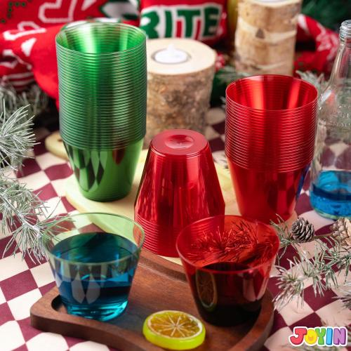 JOYIN 72 PCS Disposable Plastic Drinking Cups, 9 OZ Christmas Clear Plastic Party Cup, Xmas Wine Glasses for Party Supplies, Red Green Cups, Birthday, BBQ, Camping, Family Reunion