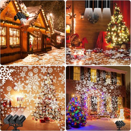 Christmas Snowflake Projector Lights Outdoor 360°Rotating Brightness Three Head Projection Lights Decor Suitable for Christmas, Indoor and Outdoor Party Decorations