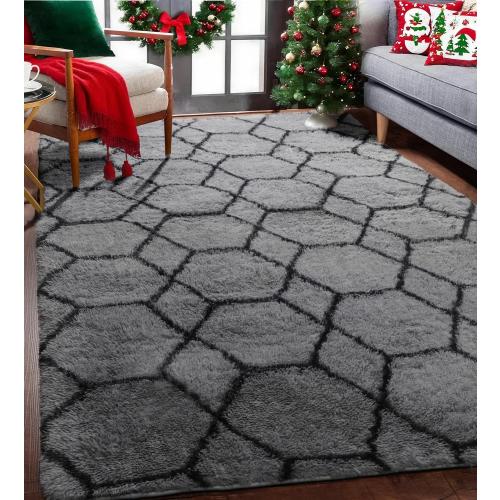 LARGE Area Rugs for Bedroom Living Room, Fluffy Grey and Black Bedside Rug for Nursery Kids Teen Dorm, Soft Shaggy Geometric Plush Fuzzy Indoor Floor Carpet for Home Decor Aesthetic