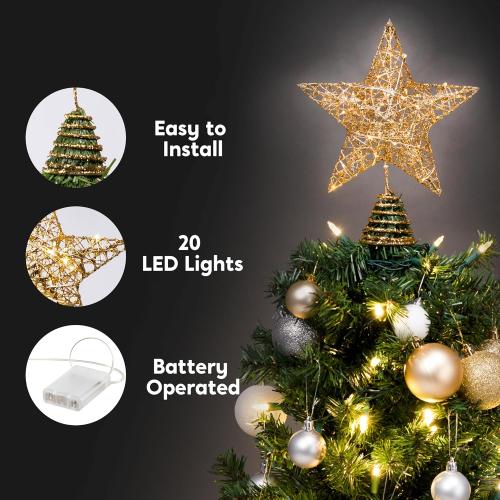 Joiedomi 8 inch Christmas Gold Glitter Star Tree Toppers Metal Lighted with 20 LED Lights for Xmas Decorations, Holiday Party Indoor Decor