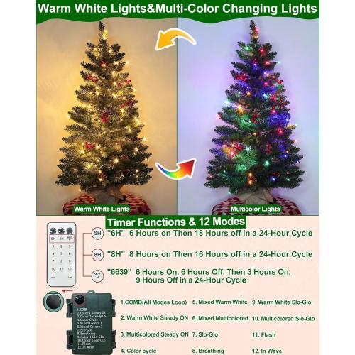 3 ft Artificial Mini Christmas Tree, Remote Control and Timer, Tabletop Small Christmas Trees 50 Warm White&Colorful Dual Color Lights 110 Tips 12 Pinecones 12 Red Berries Burlap Base Home Xmas Decor