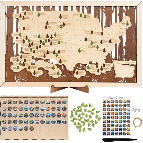 HYPERI US National Parks Map Travel Map, National Park Tracker Checklist, Natural Wall Art, Traveler Gifts for Mom, Dad, Coworker, (National Park Map - Wooden Box)