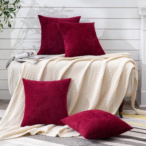 GAWAMAY Decorative Square Throw Pillow Covers 18x18 Inch Set of 4, Super Soft Chenille Pillows Cover Fall Pillowcase for Living Room Bedroom Sofa Couch Cushion Cover Burgundy Red 45x45cm