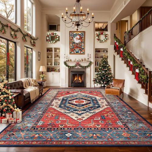 SERISSA Washable Rugs 9x12 Area Rugs, Large Non-Slip Boho Living Room Rust Rug, Ultra Soft Vintage Print Distressed Oriental Tribal Farmhouse Carpet for Dining Room Bedroom Dorm Office Home Decor