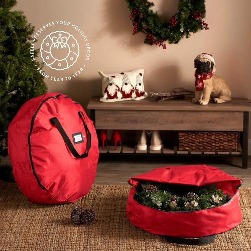 ZOBER 2 Pack Oxford Christmas Wreath Storage Container 30 Inch - Wreath Bag for Artificial Wreaths Box - Waterproof Fabric, Dual Zippered Wreaths Storage Bag With Strong Durable Handles - Red