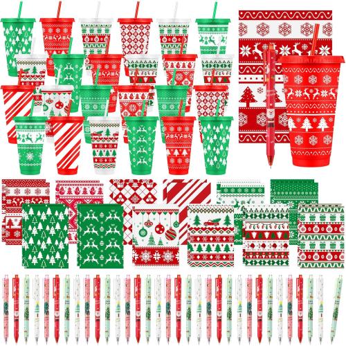 72 Pcs/ 24 Set Christmas Bulk Gifts for Coworkers 24 oz Christmas Tumbler with Lids and Straws Xmas Pens Notepads Set Reusable Plastic Cups Gift for Xmas Holiday Party Supplies Employee