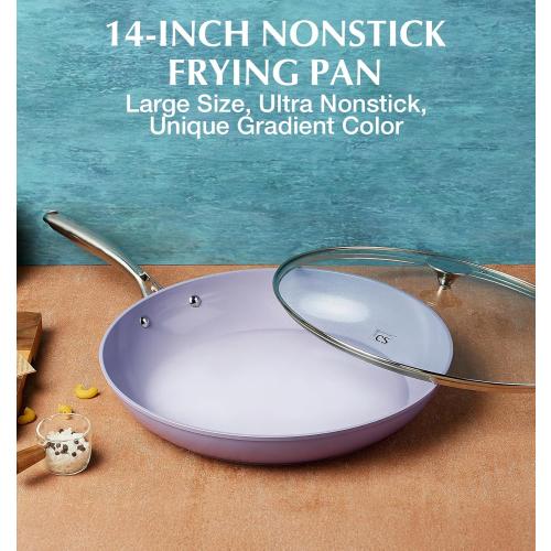 KOCH SYSTEME CS 14 Inch Frying Pan with Lid, Large Skillet with Lid, Extra Large Fry Pan for Family & Commercial Use, Oven Safe, 14 Inch Skillet Lids, Induction Compatible, Purple
