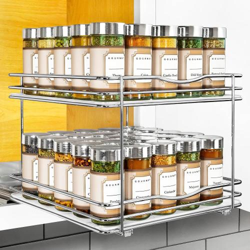 LYNK PROFESSIONAL® Pull Out Spice Organization for Cabinets - 10-3/8 inch Wide – Spice Rack for Inside Cabinets, Slide Out Spice Rack Organizer for cabinet – Pull Out Spice Rack, Sliding 2 Tier Chrome