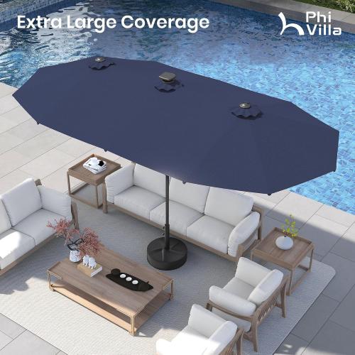 PHI VILLA 13ft Patio Umbrella w/ 120 PCS Color Changing Solar Lights, Navy | Outdoor Triple-Head Large Rectangle/Rectangular Solar-powered Market Table Umbrellas, w/ Crank Lift, for Poolside(No base)