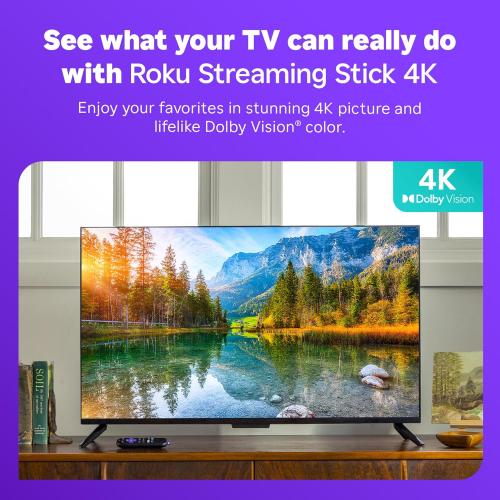 Roku Streaming Stick 4K - HDR & Dolby Vision Roku Streaming Device for TV with Voice Remote & Long-Range Wi-Fi - Free & Live TV