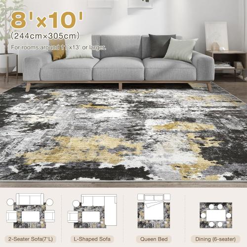 Washable Rug 8x10 Area Rugs for Living Room: Modern Abstract Neutral Soft Carpet for Bedroom Dining Room Under Kitchen Table Home Office Decor - Black Gold