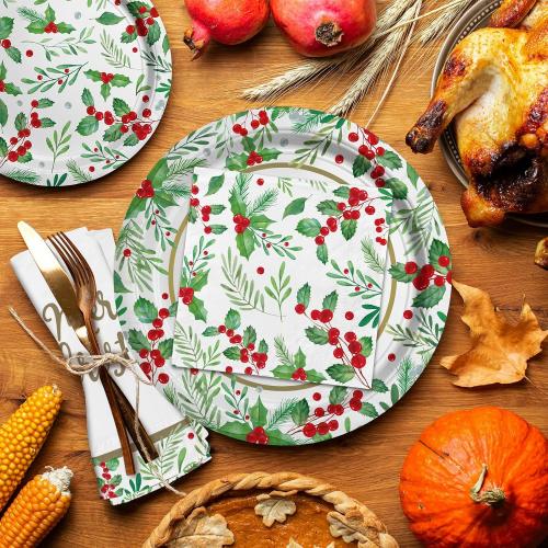 Christmas Party Supplies, Serve 50, Christmas Seasonal Holly Tableware Includes: Paper Dinner Plates, Dessert Plates, Luncheon Napkins and Beverage napkins, Great for Party Decorations