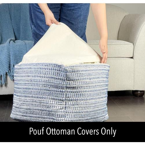 Chardin home UNSTUFFED Ottoman, Cozy & Bohemian Pouf Covers, Hand Crafted Casual Seating, Footrest, Square Floor Pillow for Home, Office, Bedroom, Living Room, 16.5 x 16.5x 12.9, Blue-Off White