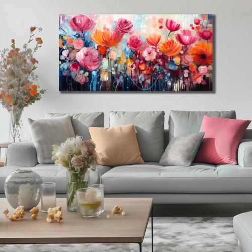 ENTANUB Flower Wall Art for Living Room, Pink Canvas Print Painting for Bedroom, Floral Picture Artwork, Large Size 48x24 Inches