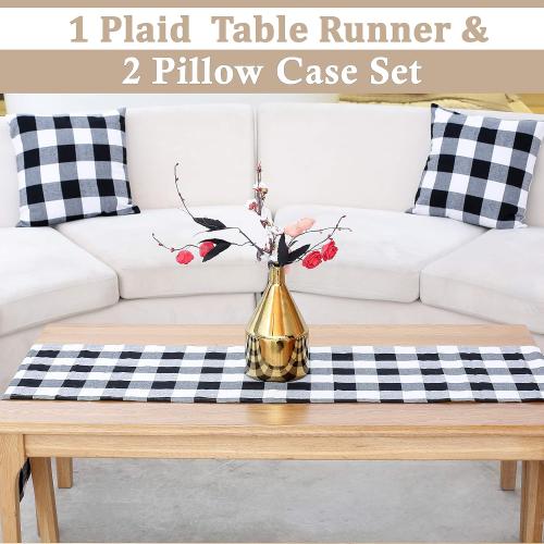 BETTERLINE Buffalo Check Plaid Set of Table Runner and 2 Throw Pillow Covers - Plaid Pattern Checkers - 72 Inch x 14 Inch Runner and 18 Inch x 18 Inch Pillow Cover Case