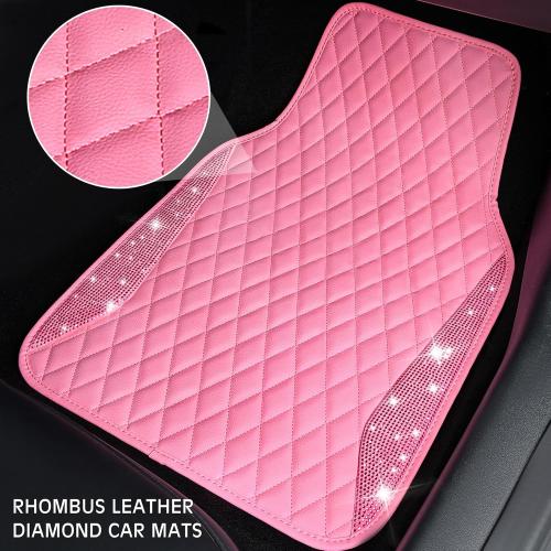 CAR PASS Bling Leather Car Mats Shining Diamond Floor Mats Crystal Rhinestones Sparkly Glitter Carpet Anti-Slip Waterproof Pad Universal Fit for Automotive SUV, Sedan, Van, 5pcs for Girl Women Pink