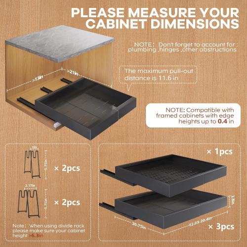 4Pack Expandable Pull Out Cabinet Organizer 21Deep With Raising Pad for Framed Cabinets,Slide Out Drawers with 4pcs Divider Racks,Roll Out Shelves Adhesive,Adjustable Width 12.05-20.4Black