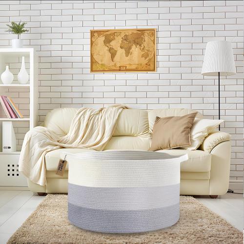 White and Grey COMFY-HOMI Laundry Basket, Cotton Rope Nursery Woven Basket for Storage, Blanket Baskets Living Room Laundry Hamper, Dog Toy Storage Organizer, Home Decor-White and Grey
