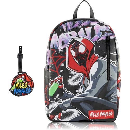 Marvel Miles Morales Spiderman Backpack for Teens | 16 Saffiano Leather School Bookbag with Rubber Luggage Tag | Spiderman Backpack for Boys, Girls, Unisex | Officially Licensed Marvel