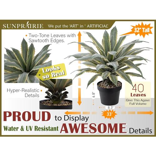 SUNPRAIRIE 32 Inch Tall Large Faux Agave Plant with Two-Tone Sawtooth Edged Leaves; Planted in Black Pot with Real Stone Pebbles. Large Artificial Plants Indoor and Outdoor.