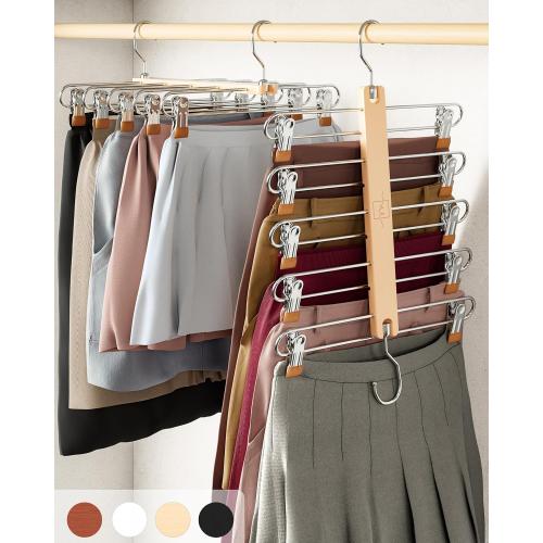 MORALVE Skirt Hangers Space Saving with Clips - 2 Pack - European Beechwood 5-Tier Hanger for Shorts, Skirts, and Pants - Closet Organizer and Storage Solution for Women with 360° Swivel Hook