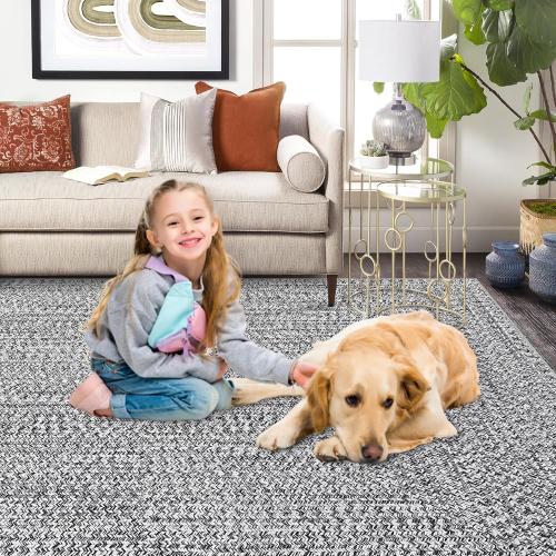 Runner Rug Print Braided Hallway Runner Rug Washable Entryway Rug, Stain Resistant Non-Slip Area Rug Farmhouse Solid Printed Textured Carpet for Bedroom Laundry Kitchen, Grey, 2' x 6'