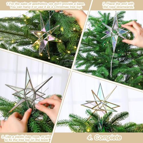 7 Inch Moravian Star Christmas Tree Topper Moravian Stained Glass Star Ornament Iridescent Christmas Tree Decoration Colorful Window Hanging Decoration Church Gift(White)