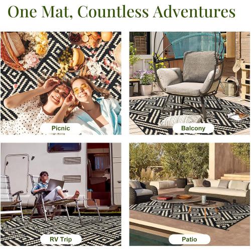 OPPODREAM Outdoor Rug 5x7, Plastic Straw Rug for Patio, Beige & Black | Reversible Checkered, Waterproof Carpet for Balcony, Porch, Backyard, Deck, Camping, RV