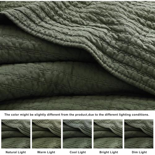 WDCOZY 100% Cotton King Size Quilt Set - Olive Green Striped Pick Stitch Soft Lightweight Bedspread, Textured Like Linen, Farmhouse Country Rustic Coverlet, Shabby Chic Gauze Bedding, 3 Pieces